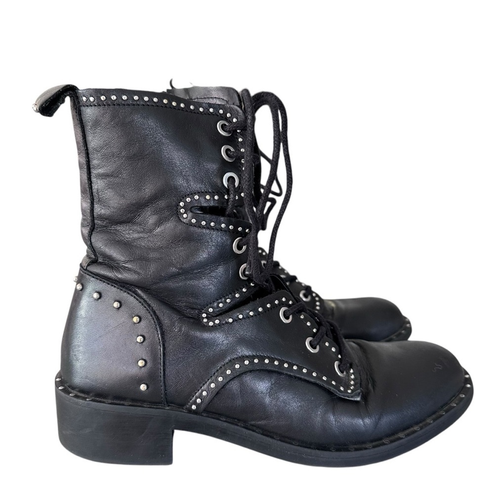 Zara Black Leather Lace Up Biker Chelsea Studded Punk Goth Ankle Boots Size 37 - Picture 3 of 15